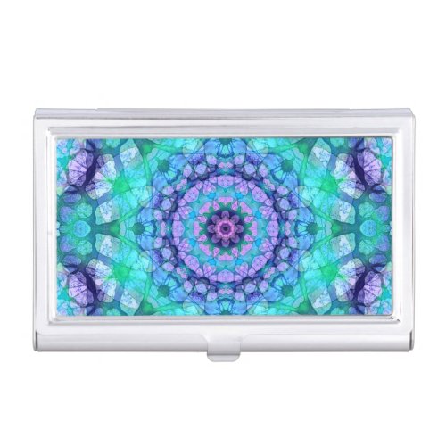 Aqua Blue and Purple Mandala Kaleidoscope Business Card Case