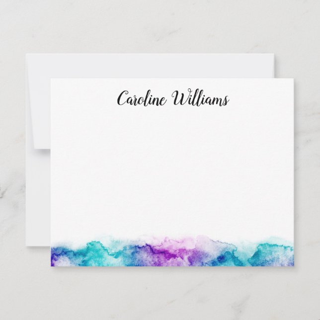 Aqua blue and purple watercolor personalized name note card (Front)