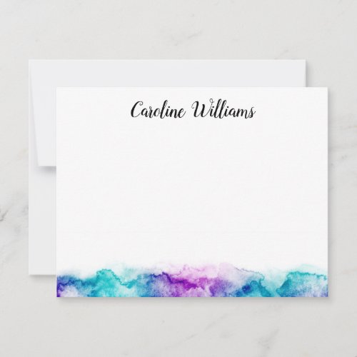 Aqua blue and purple watercolor personalized name note card