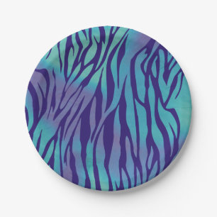 Aqua Blue And Purple Zebra Stripes Paper Plates