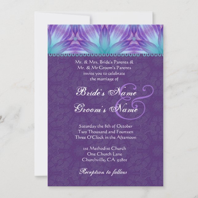 Aqua Blue and Royal Purple Purple Wedding Invitation (Front)