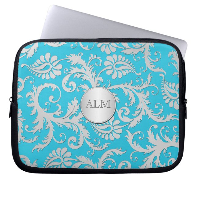 Aqua Blue and Silver Damask Laptop Sleeve (Front)