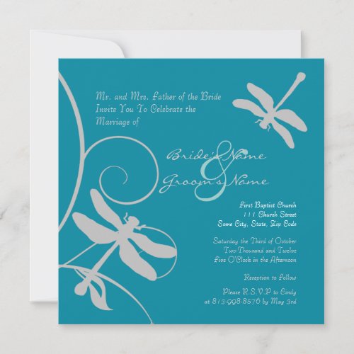 Aqua Blue and Silver Dragonfly Wedding Invitation