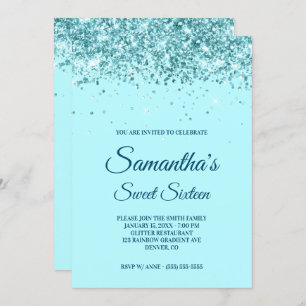 Aqua Blue and Teal Glitter Sweet Sixteen Invitation