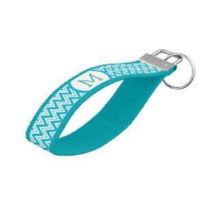 Aqua Blue And White Chevron Patten 2 Wrist Keychain