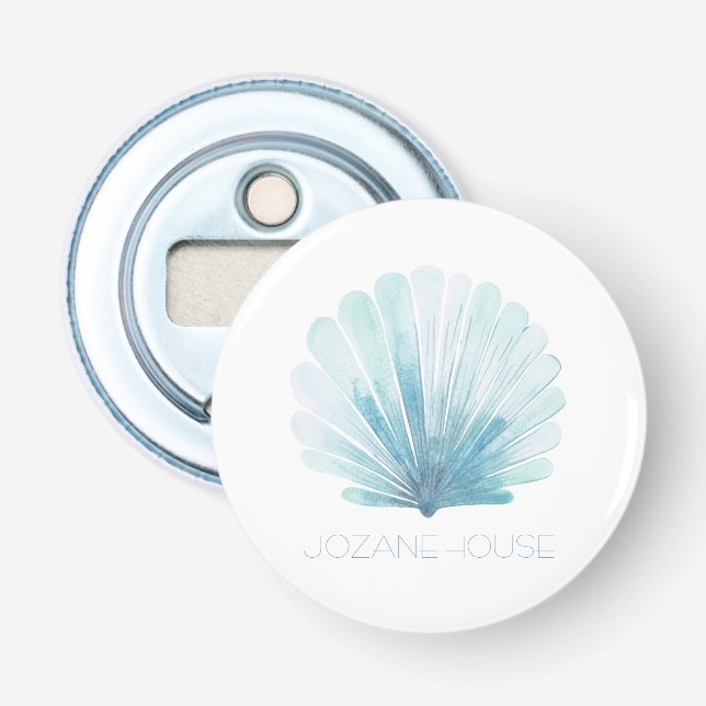 Aqua Blue and White Coastal Seashell Personalized Bottle Opener (Front)