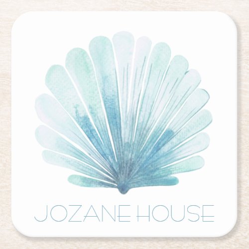 Aqua Blue and White Coastal Seashell Personalized Square Paper Coaster