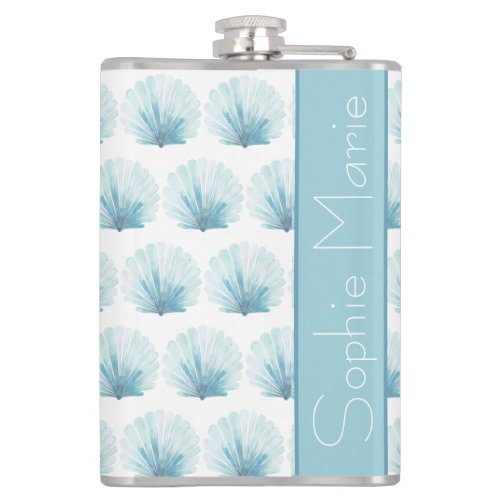 Aqua Blue and White Coastal Seashells Personalized Flask