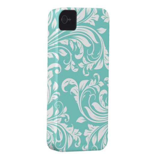 Aqua Blue and White Damasked Pattern Case-Mate iPhone Case (Back/Right)
