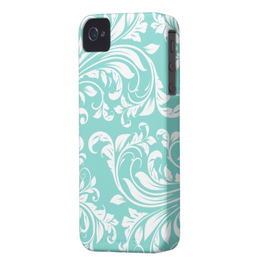 Aqua Blue and White Damasked Pattern Case-Mate iPhone Case (Back Left)