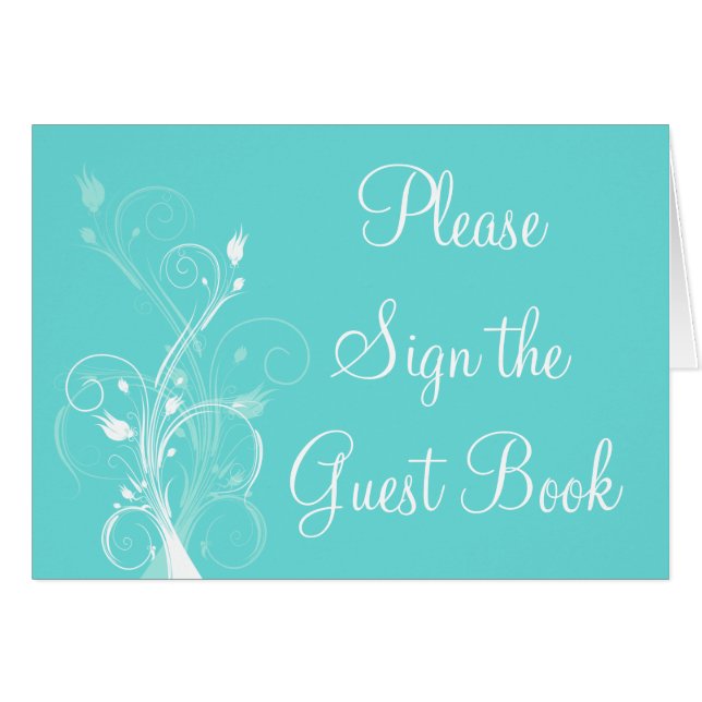 Aqua Blue and White Floral Guest Book Table Card (Front Horizontal)