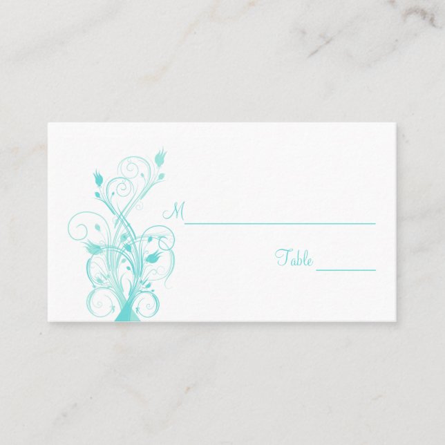 Aqua Blue and White Floral Place Cards (Front)