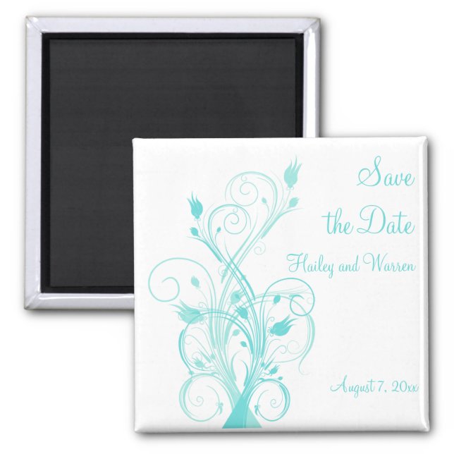 Aqua Blue and White Floral Save the Date Magnet (Front)
