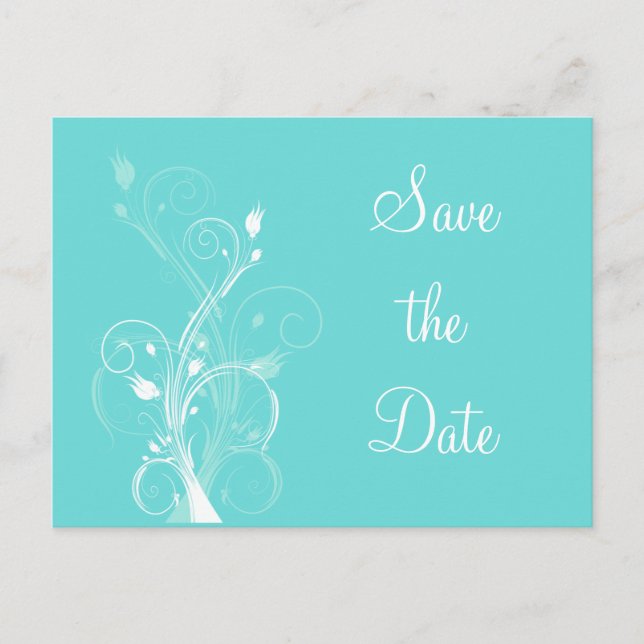 Aqua Blue and White Floral Save the Date Post Card (Front)