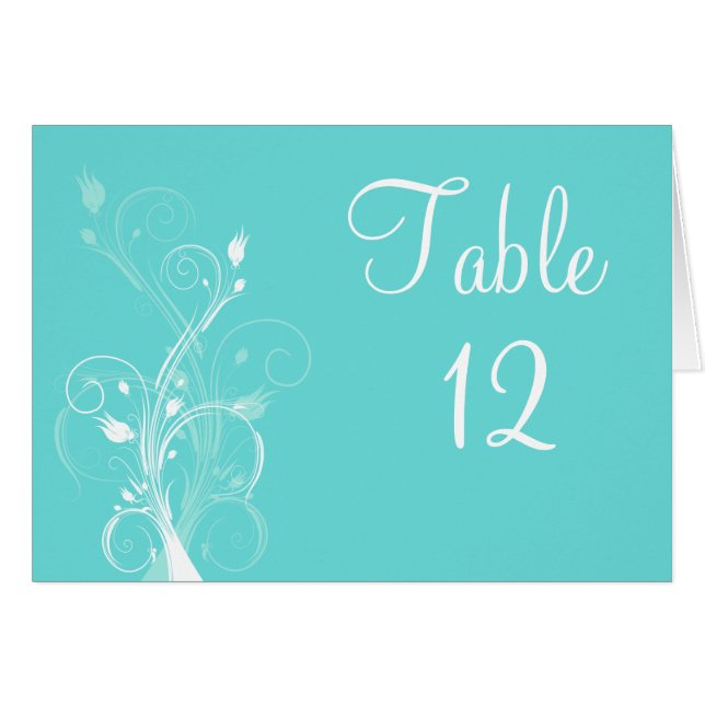 Aqua Blue and White Floral Table Number Card (Front Horizontal)