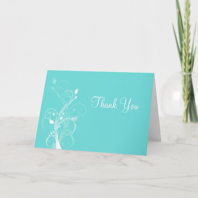 Aqua Blue and White Floral Thank You Card (Front)