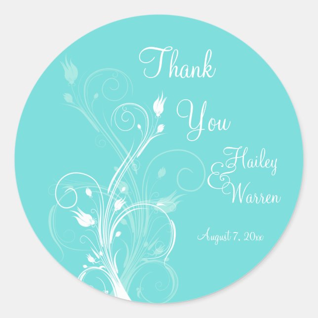 Aqua Blue and White Floral Wedding Favor Classic Round Sticker (Front)