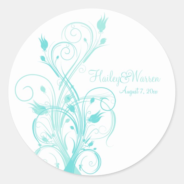 Aqua Blue and White Floral Wedding Favor Sticker (Front)