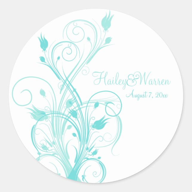 Aqua Blue and White Floral Wedding Favor Sticker (Front)
