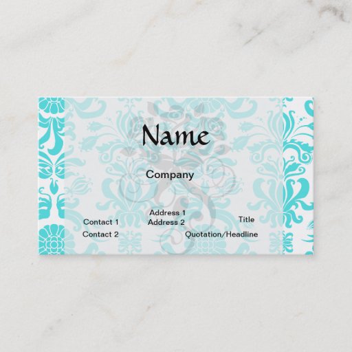 Customizable aqua blue and white intricate damask pattern business cards