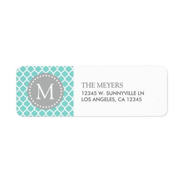Aqua Blue and White Moroccan Pattern with Monogram Label (Front)