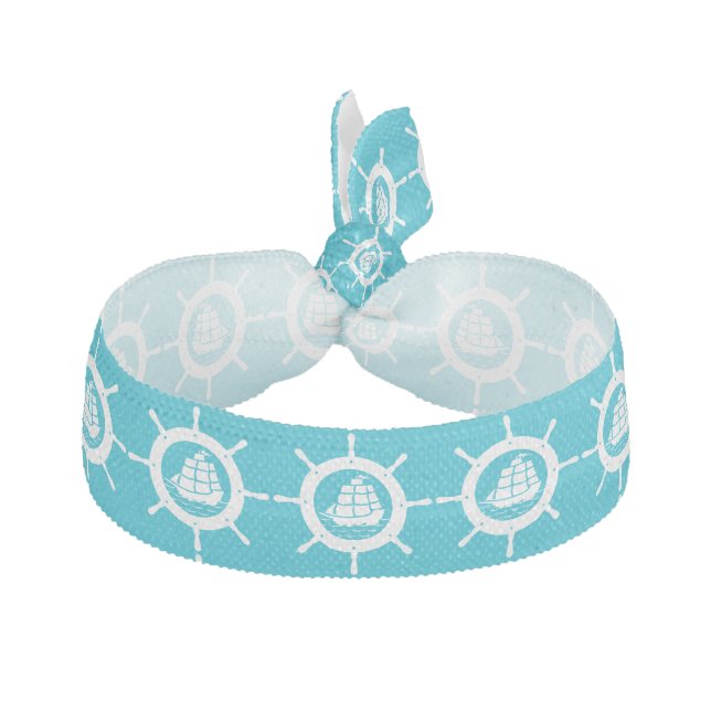 Aqua Blue And White Nautical Boat Wheel Ribbon Hair Tie (Front)