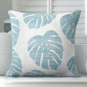 Aqua Blue and White Palm Leaves Throw Pillow