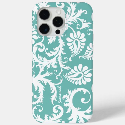 Aqua Blue And White Personalized Damask iPhone 15 Pro Max Case