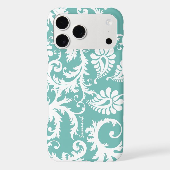 Aqua Blue And White Personalized Damask Case-Mate iPhone Case (Back)
