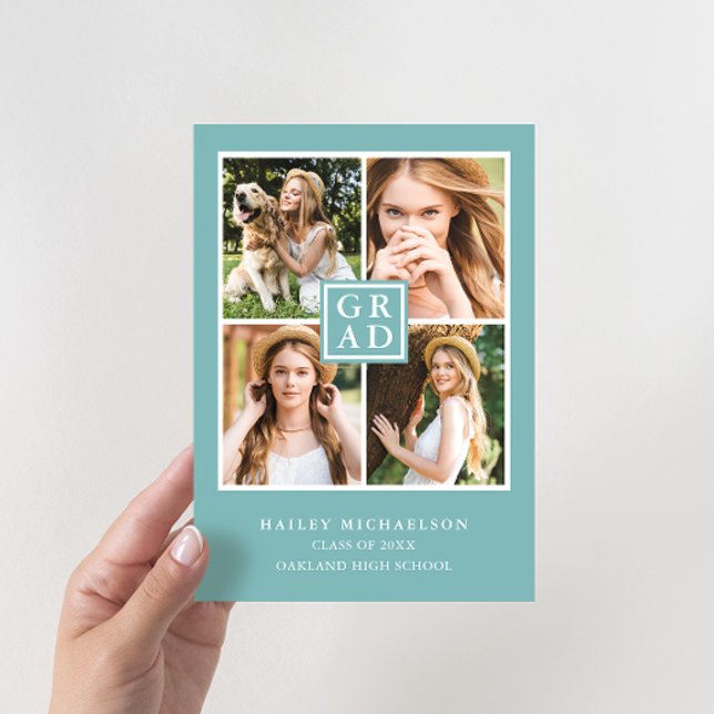 Aqua Blue and White Photo Collage Graduation Invitation (Creator Uploaded)