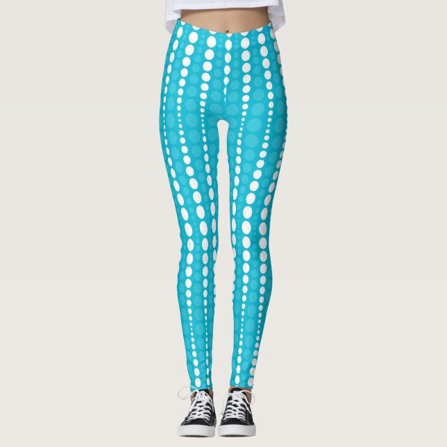 Aqua Blue and White Polka Dot Leggings (Front)