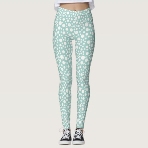 Aqua Blue and White Polka Dot Leggings