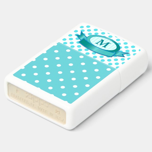 Aqua Blue and White Polka Dot Zippo Lighter (Angled)
