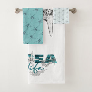 Aqua blue and white sea life typography starfish bath towel set