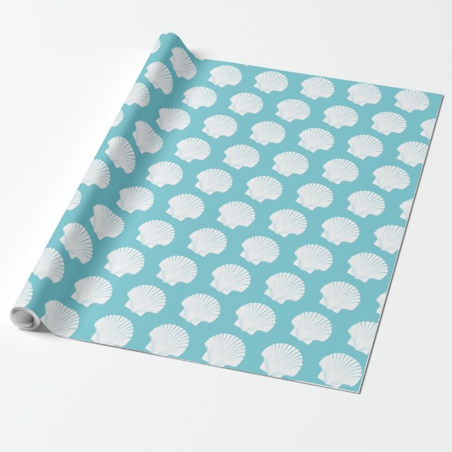 Aqua Blue and White Sea Shells Wrapping Paper (Unrolled)