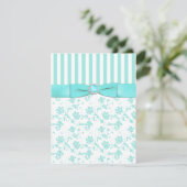 Aqua Blue and White Striped Floral RSVP Card (Standing Front)