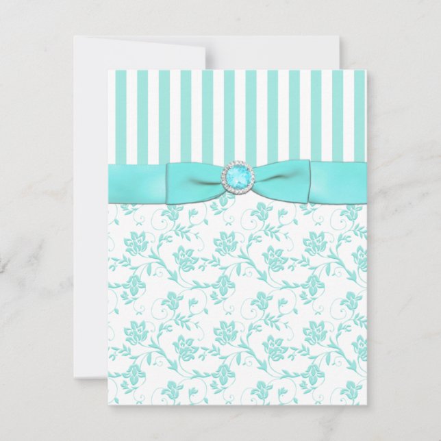 Aqua Blue and White Striped Floral RSVP Card (Front)