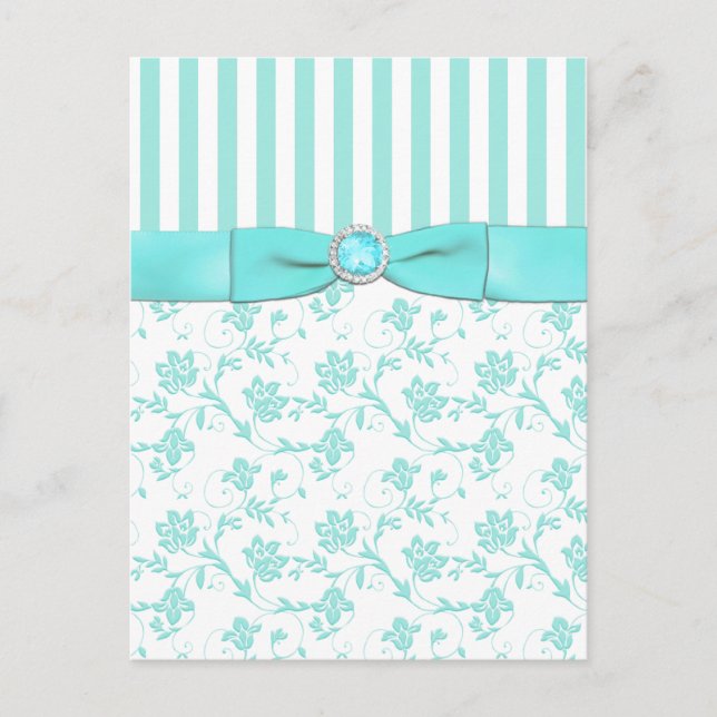 Aqua Blue and White Striped Floral RSVP Postcard (Front)