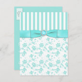 Aqua Blue and White Striped Floral Save the Date Announcement Postcard (Front/Back)