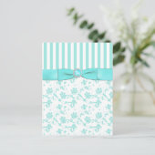 Aqua Blue and White Striped Floral Save the Date Announcement Postcard (Standing Front)