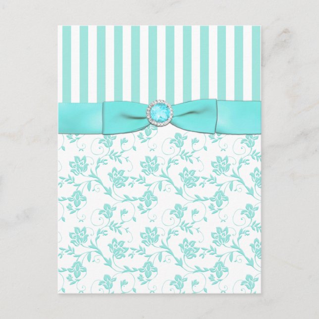 Aqua Blue and White Striped Floral Save the Date Announcement Postcard (Front)