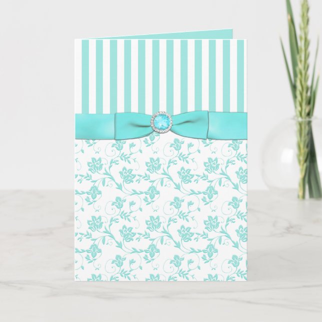 Aqua Blue and White Striped Floral Thank You Card (Front)