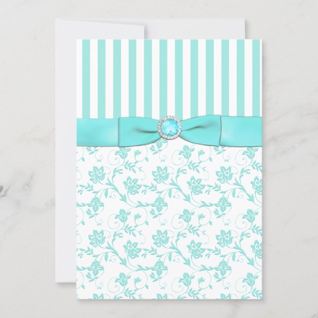 Aqua Blue and White Striped Floral Wedding Invite (Front)