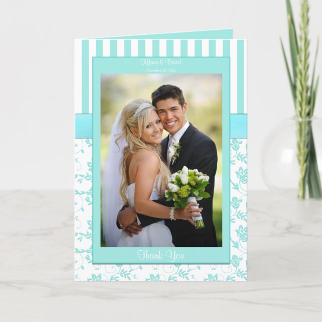 Aqua Blue and White Striped Photo Thank You Card (Front)