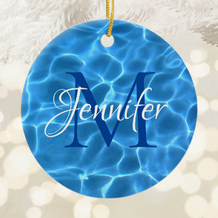 Aqua Blue and White Swimming Pool Photo Monogram Ceramic Ornament