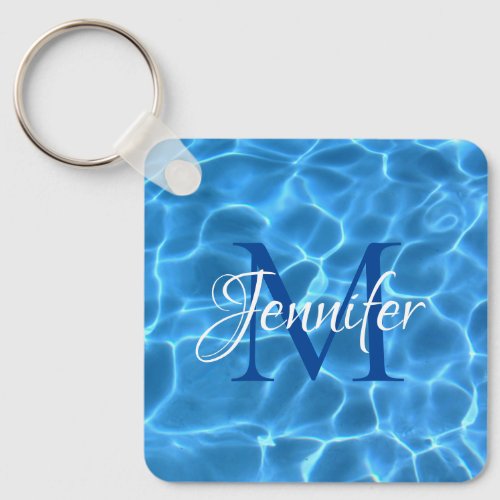 Aqua Blue and White Swimming Pool Photo Monogram Keychain