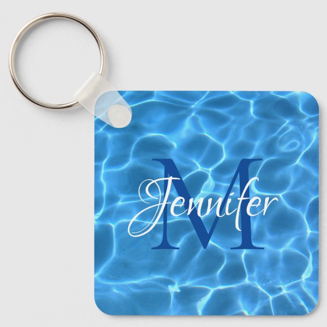 Aqua Blue and White Swimming Pool Photo Monogram Keychain (Front)