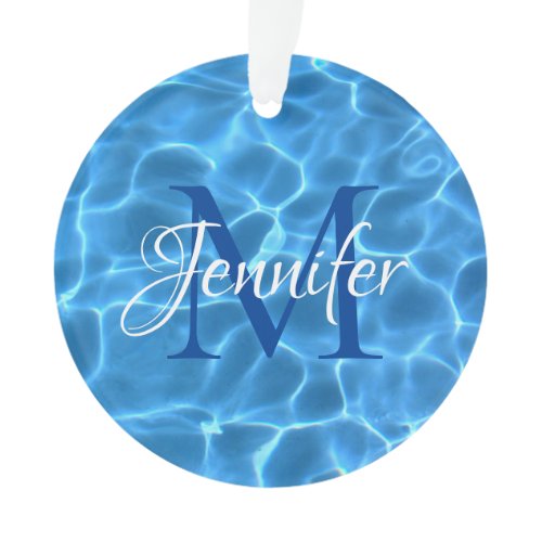 Aqua Blue and White Swimming Pool Photo Monogram Ornament