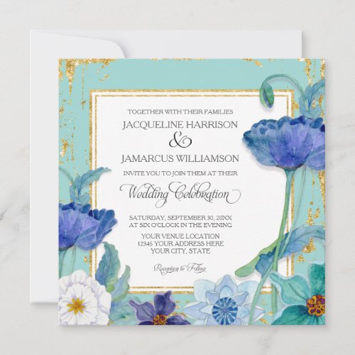 Aqua Blue  and White Watercolor Floral Gold Frame Invitation