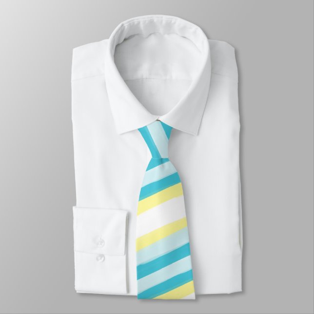 Aqua Blue and Yellow Diagonal Striped Men's Neck Tie (Tied)